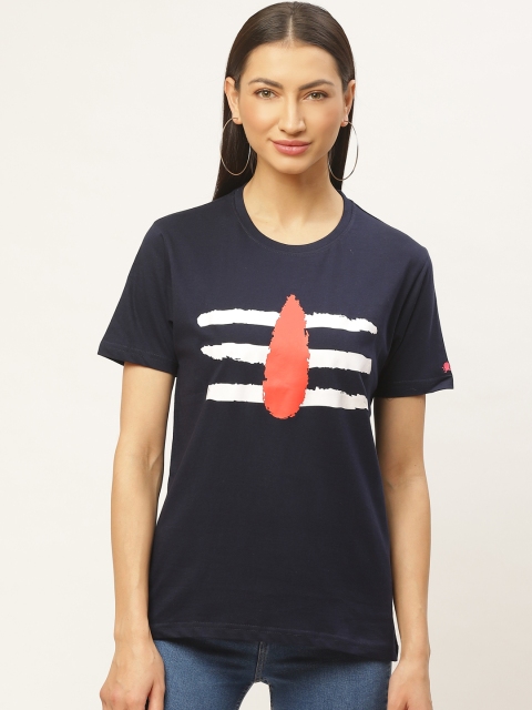 

PRINTOCTOPUS Women Navy Blue & White Printed Round Neck T-shirt