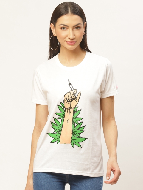 

PRINTOCTOPUS Women White & Green Graphic Print Round Neck T-shirt
