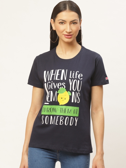 

PRINTOCTOPUS Women Navy Blue & White Printed Round Neck T-shirt
