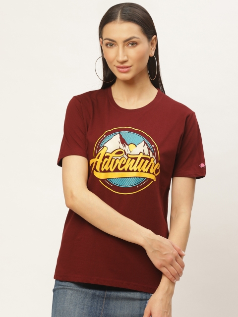 

PRINTOCTOPUS Women Maroon & Yellow Graphic Print Round Neck T-shirt