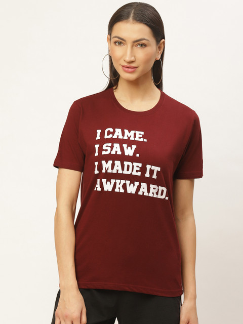 

PRINTOCTOPUS Women Maroon & White Printed Round Neck T-shirt