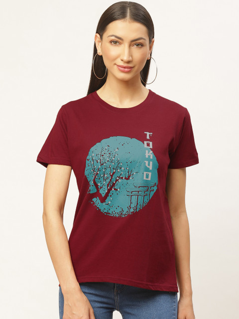 

PRINTOCTOPUS Women Maroon & Blue Graphic Print Round Neck T-shirt