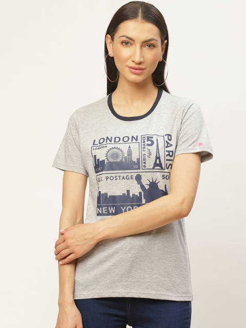 

PRINTOCTOPUS Women Grey Melange & Navy Graphic Print Round Neck T-shirt