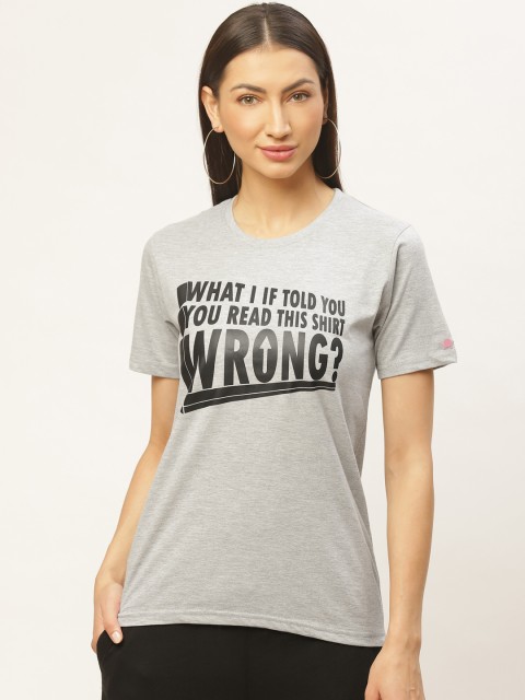 

PRINTOCTOPUS Women Grey Melange & Black Printed Round Neck T-shirt