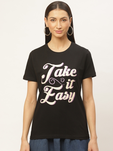 

PRINTOCTOPUS Women Black & Cream-Coloured Printed Round Neck T-shirt