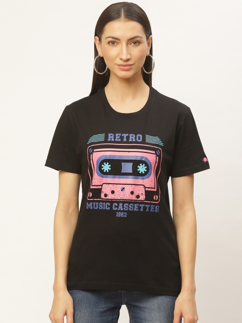 

PRINTOCTOPUS Women Black & Pink Printed Round Neck T-shirt