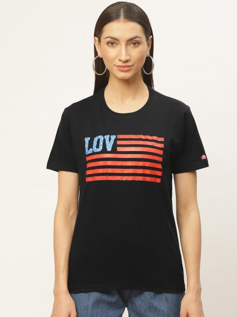 

PRINTOCTOPUS Women Black & Red Printed Round Neck T-shirt