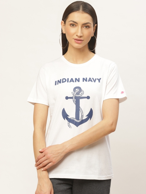 

PRINTOCTOPUS Women White & Navy Blue Grahic Print Round Neck T-shirt