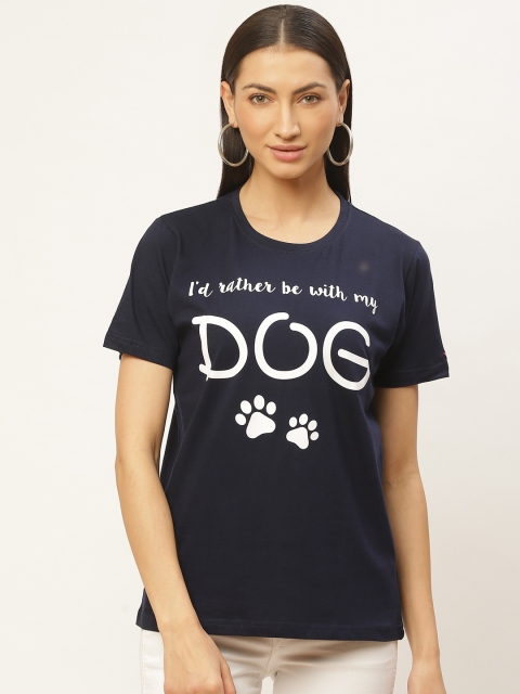 

PRINTOCTOPUS Women Navy Blue & White Printed Round Neck T-shirt