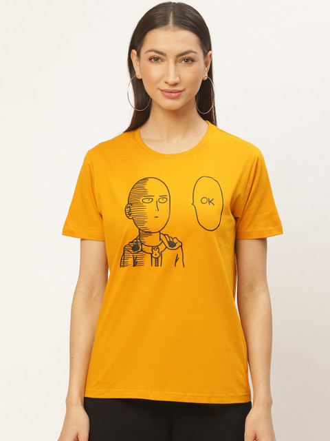

PRINTOCTOPUS Women Mustard Yellow & Black Printed Round Neck T-shirt