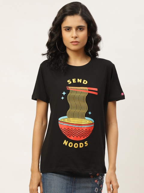 

PRINTOCTOPUS Women Black Printed Round Neck T-shirt
