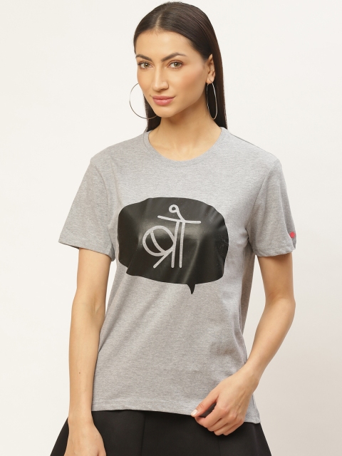 

PRINTOCTOPUS Women Grey Melange & Black Printed Round Neck T-shirt
