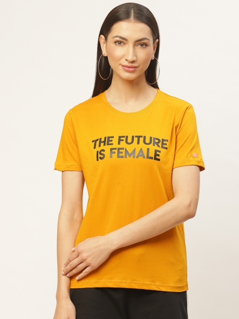 

PRINTOCTOPUS Women Mustard Yellow & Black Printed Round Neck T-shirt