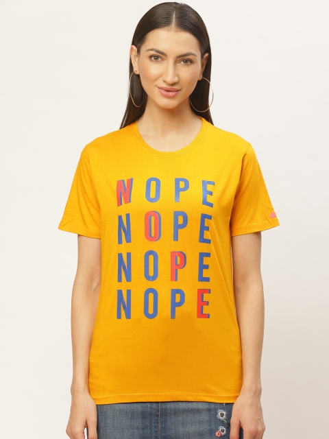 

PRINTOCTOPUS Women Mustard Yellow & Blue Printed Round Neck T-shirt