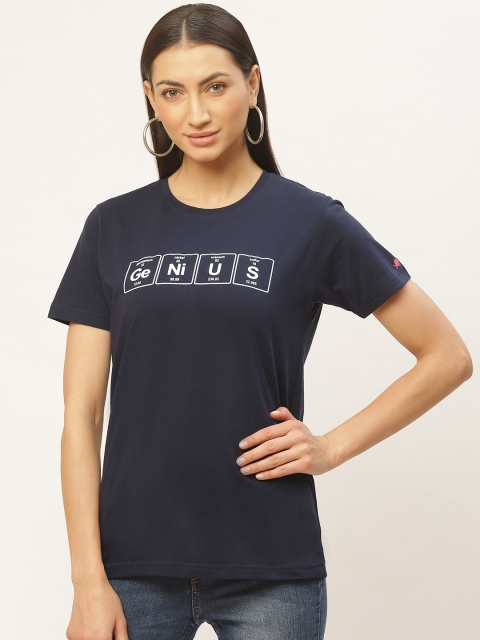 

PRINTOCTOPUS Women Navy Blue & White Printed Round Neck T-shirt