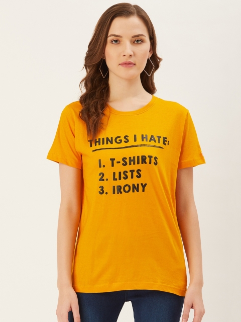 

PRINTOCTOPUS Women Mustard Yellow Black Printed Round Neck Pure Cotton T-shirt