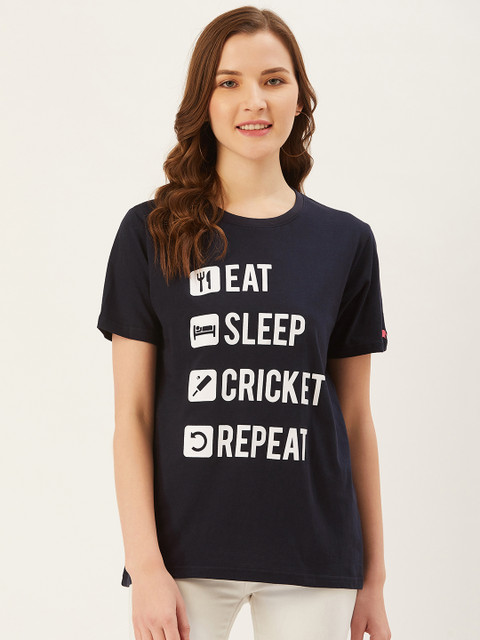 

PRINTOCTOPUS Women Navy Blue White Printed Round Neck Pure Cotton T-shirt