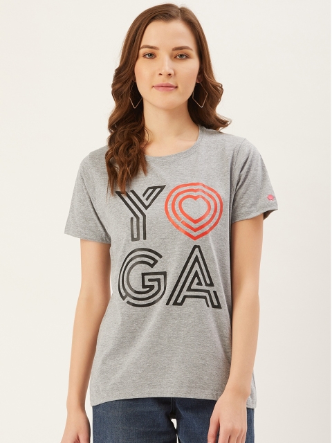 

PRINTOCTOPUS Women Grey Melange Black Yoga Printed Round Neck Pure Cotton T-shirt