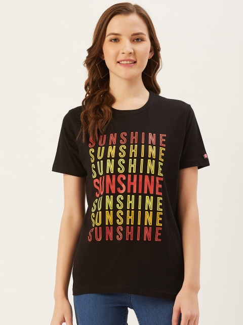 

PRINTOCTOPUS Women Black & Yellow Printed Round Neck T-shirt