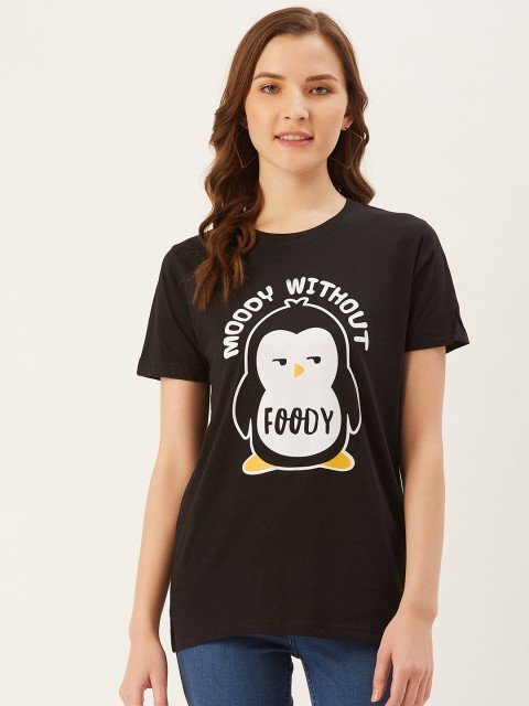 

PRINTOCTOPUS Women Black White Penguin Printed Round Neck Pure Cotton T-shirt