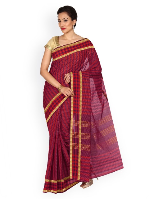 

Platinum Red Striped Handloom Cotton Traditonal Saree