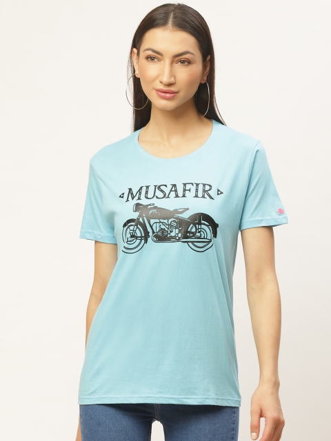 

PRINTOCTOPUS Women Blue & Black Printed Round Neck T-shirt