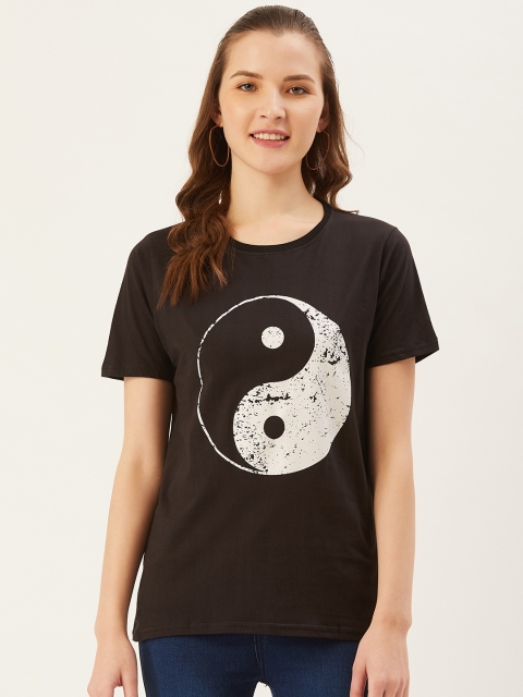 

PRINTOCTOPUS Women Black & White Printed Round Neck T-shirt