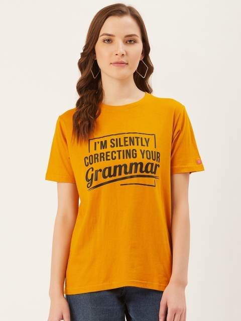 

PRINTOCTOPUS Women Mustard Yellow Black Printed Round Neck Pure Cotton T-shirt