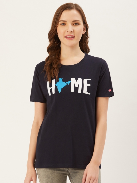 

PRINTOCTOPUS Women Blue White Printed Round Neck Pure Cotton T-shirt