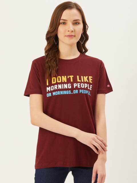 

PRINTOCTOPUS Women Maroon & Yellow Printed Round Neck T-shirt
