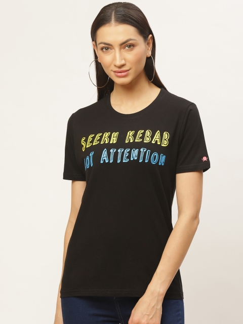 

PRINTOCTOPUS Women Black Printed Round Neck T-shirt