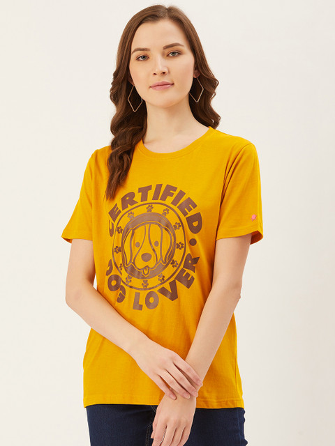 

PRINTOCTOPUS Women Mustard Yellow Coffee Brown Dog Printed Round Neck Pure Cotton T-shirt