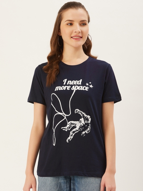 

PRINTOCTOPUS Women Navy Blue White Astronaut Printed Round Neck Pure Cotton T-shirt