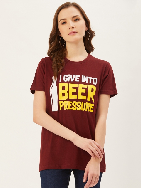 

PRINTOCTOPUS Women Maroon & Yellow Printed Round Neck T-shirt