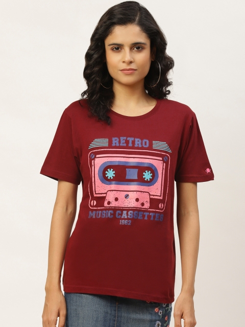 

PRINTOCTOPUS Women Maroon Cassette Print Round Neck T-shirt