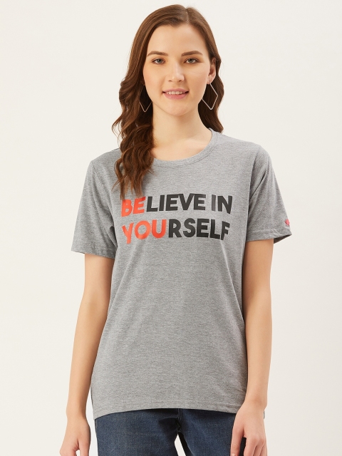 

PRINTOCTOPUS Women Grey Melange Black Printed Round Neck Pure Cotton T-shirt