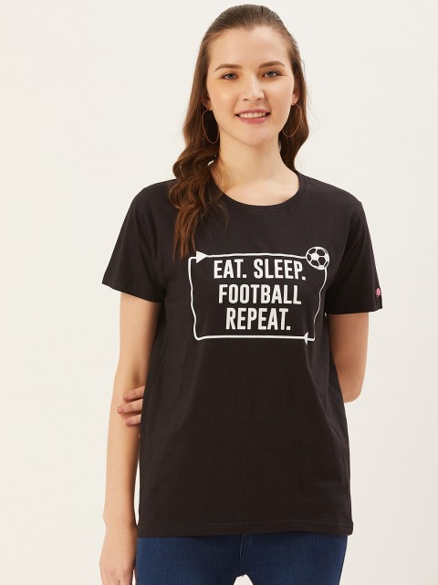 

PRINTOCTOPUS Women Black White Printed Round Neck Pure Cotton T-shirt