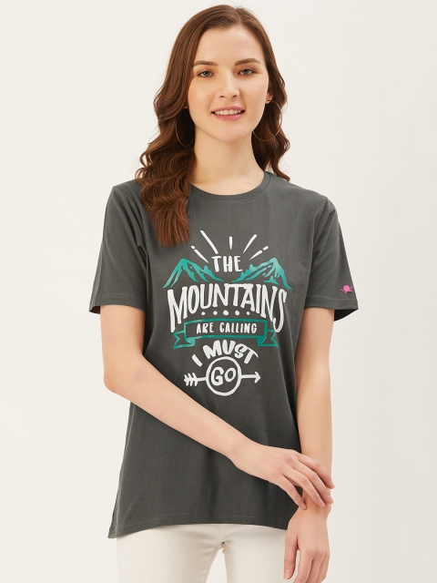 

PRINTOCTOPUS Women Charcoal Grey & White Printed Round Neck T-shirt