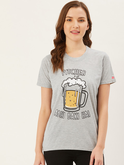 

PRINTOCTOPUS Women Grey Melange & Yellow Printed Round Neck T-shirt