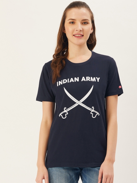 

PRINTOCTOPUS Women Navy Blue & White Printed Round Neck T-shirt