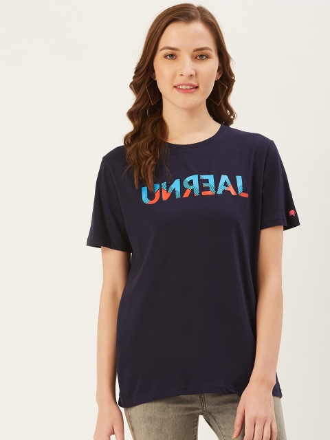

PRINTOCTOPUS Women Navy Blue Printed Round Neck T-shirt