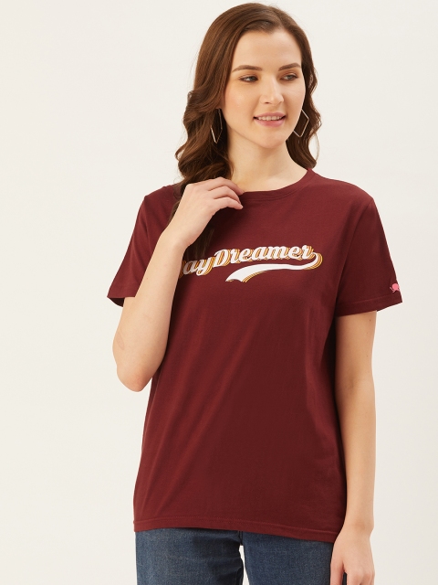 

PRINTOCTOPUS Women Maroon & White Printed Round Neck T-shirt