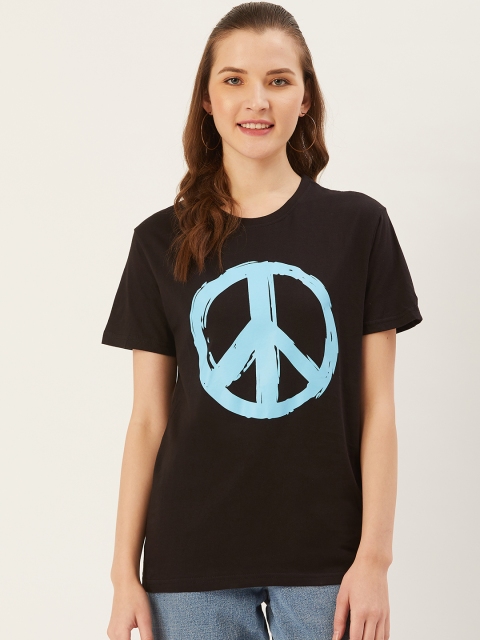 

PRINTOCTOPUS Women Black & Blue Printed Round Neck T-shirt