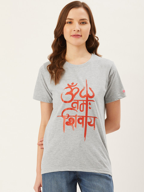 

PRINTOCTOPUS Women Grey Melange & Red Printed Round Neck T-shirt