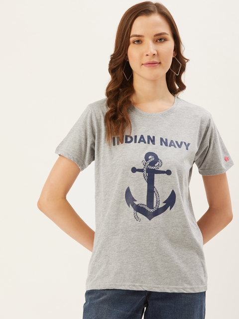 

PRINTOCTOPUS Women Grey Melange & Navy Blue Printed Round Neck T-shirt
