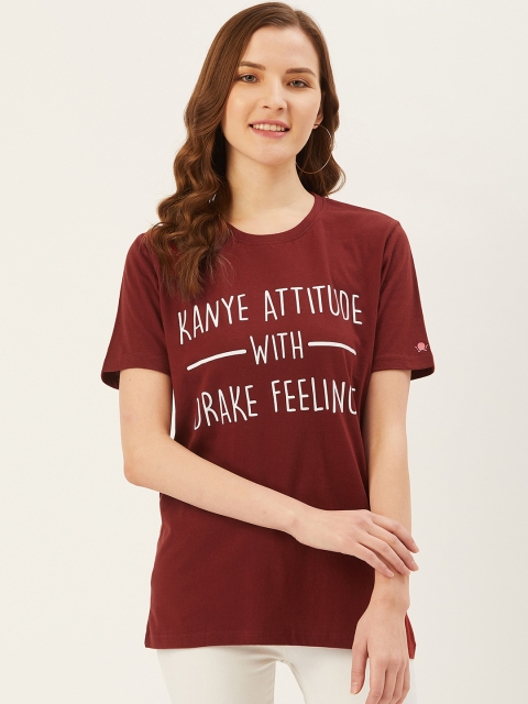 

PRINTOCTOPUS Women Maroon & White Printed Round Neck T-shirt