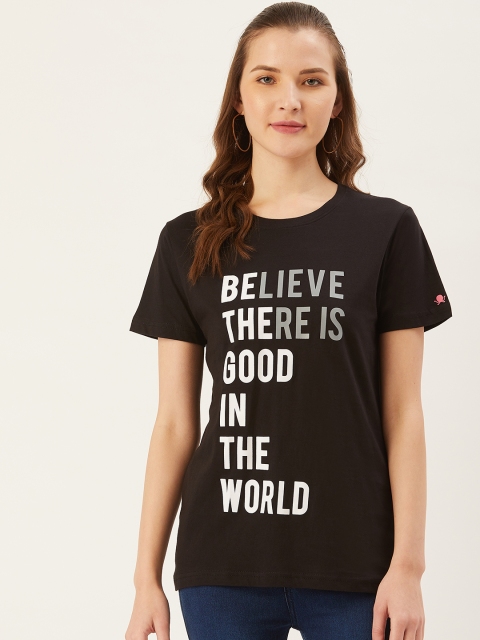 

PRINTOCTOPUS Women Black & White Printed Round Neck T-shirt