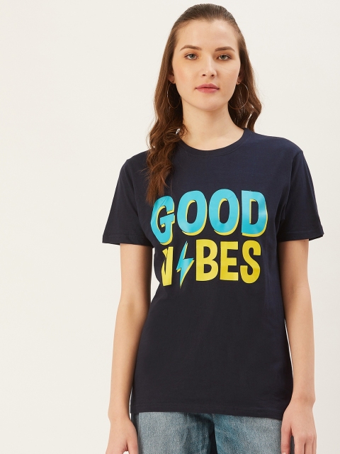 

PRINTOCTOPUS Women Blue Yellow Printed Round Neck Pure Cotton T-shirt