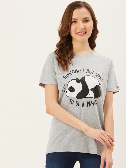 

PRINTOCTOPUS Women Grey Melange & Black Printed Round Neck T-shirt