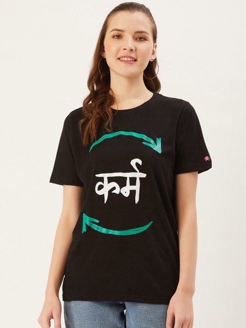 

PRINTOCTOPUS Women Black White Printed Round Neck Pure Cotton T-shirt